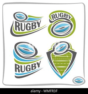 Vector abstract logo for Rugby, signs for sports club, oval blue rugby ball flying above summer green field in goal gate, isolated sporting icon on wh Stock Vector