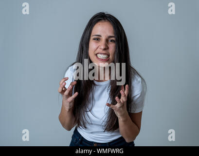 Angry woman screaming with rage in side view portrait with copy space ...