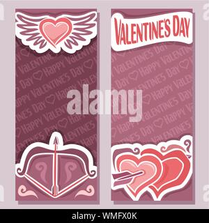 Vector banners for Valentine's Day, purple flyer with bow arrow pierced hearts. Stock Vector