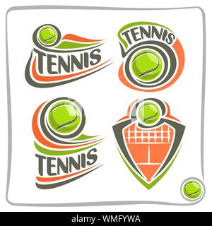 Vector abstract logo for lawn Tennis, signs for sports club, simple green ball flying on ground court with net, set of isolated sporting icons. Stock Vector