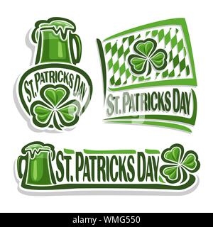 Vector logo for St. Patrick's Day with Shamrock, sign with green beer mug, flag for saint patrick day with shamrock leaf and rhombus pattern. Stock Vector