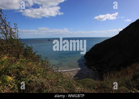 Travel & Tourism - Stunningly beautiful view from steep clifftops, off a woodland trail overlooking Fishcombe Cove, Devon. Stock Photo