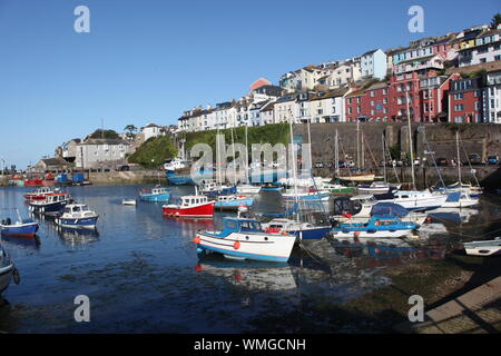 Travel, Transport & Lifestyle -  Panoramic view of yachts and sailing boats moored along the English Riviera at Brixham Harbour, Devon. Stock Photo