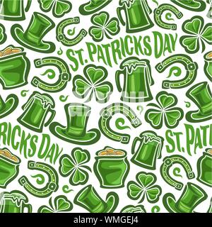 Vector Seamless Pattern on St. Patrick's Day theme, Green leprechaun hat, lucky horseshoe, magic clover. Stock Vector