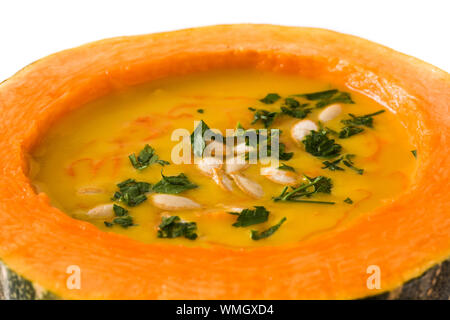 Pumpkin and carrot soup isolated on white background. Autumn food. Stock Photo