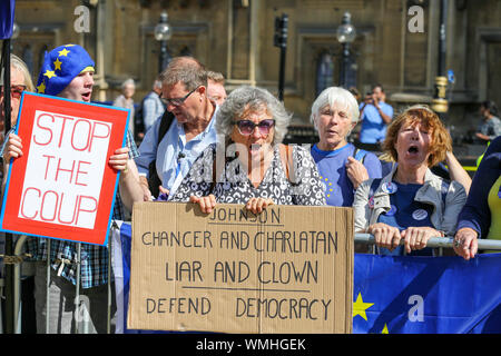 London, UK. 04th Sep, 2019. Protesters chant slogans while holding placards during the demonstration.Pro and Anti-Brexit protesters gathered at the Parliament Square, hours after the Queen approved the Prime Minister's prorogation request. Credit: SOPA Images Limited/Alamy Live News Stock Photo