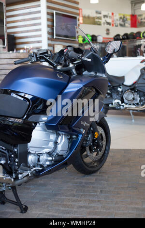 Russia, Izhevsk - August 23, 2019: Yamaha motorcycle shop. New modern motorbike FJR1300 in motorcycle store. Famous world brand. Stock Photo