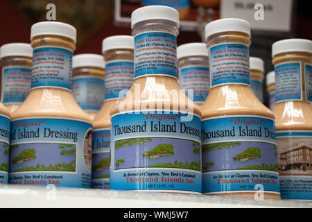 Clayton, New York, USA  - July 26, 2019 : Display of The 'Original' Thousand Island Salad Dressing Bottles at 1000 Islands River Rat Cheese Store Stock Photo