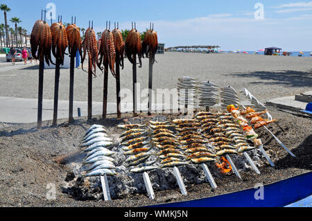 Octopus being cooked on hot embers at popular seafood restaurant El Penon in Salobrena beach resort on the Costa Tropical, Granada, Spain. Stock Photo