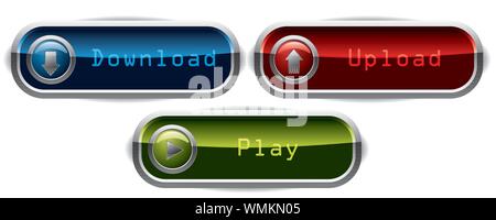 Upload, Download & Play wide buttons Stock Vector