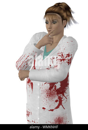 Digitally rendered image of a female doctor in robe with blood. Stock Photo