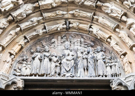 Trier, Germany. Sculpture representation of the Virgin Mary Mother of Jesus in the Tympanum of the Church of Our Lady (Liebfrauenkirche) Stock Photo