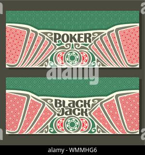 Vector horizontal banners for Black Jack and Poker: playing cards with red back for gamble game blackjack, chips and card on green texture background. Stock Vector