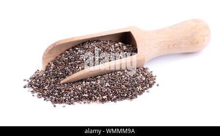 Chia seeds in wooden spoon, isolated on white background. Healthy superfood. Closeup macro of small organic chia seeds. Stock Photo