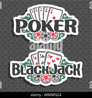 Vector logo for Poker and Black Jack: playing cards of four of kind aces for gambling game poker, chips for casino, card combination of sevens. Stock Vector