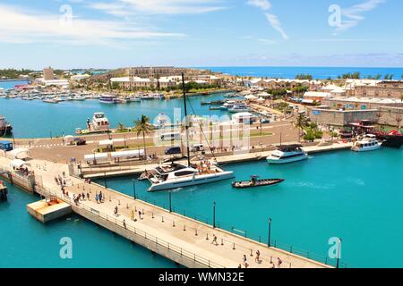 Aerial view of the Royal Naval Dockyard, King's Wharf Port, and the beautiful turquoise waters, of Bermuda. Photo taken from a docked cruise ship. Stock Photo