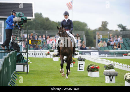 Stamford, UK. 05th Sep, 2019. Thursday 5th September 2019. Land Rover Burghley Horse Trials, Stamford, Lincolnshire UK. Dressage phase day 1 of 4. Ariel Grald (USA) riding Leamore Master Plan Credit: Julie Priestley/Alamy Live News Stock Photo