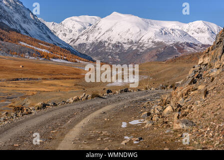 Picturesque Autumn Landscape With A Dirt Rocky Road Golden Larch Trees And Snowy Mountains Against A Blue Sky With Clouds Atay Russia Stock Photo Alamy