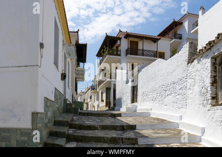 Architecture in the Chora village of Skopelos island, Greece Stock Photo