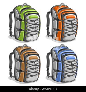 Vector set of colorful touristic Backpacks isolated on white. Stock Vector