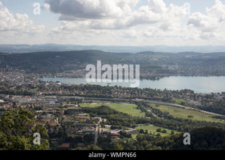 A view of Lake Zurich and the city from the mountain peak at Uetliberg near Zurich, Switzerland. Stock Photo