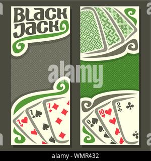 Vector vertical banners for Black Jack, combination of playing cards for gamble game black jack on gray felt table. Stock Vector