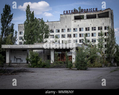 Ruins of the abandoned Polissya hotel in Pripyat city, Chernobyl Exclusion Zone, Ukraine Stock Photo