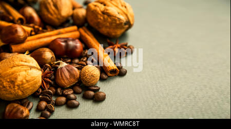 Fall spices and nuts with cinnamon sticks, nutmeg, coffee beans, anise, walnuts and chestnuts Stock Photo