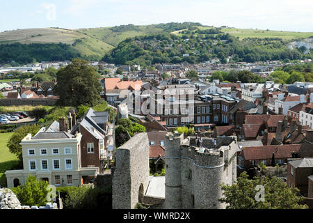 View from Lewes Castle South Tower over Barbican tower gatehouse, town houses and South Downs countryside landscape in Sussex England UK  KATHY DEWITT Stock Photo