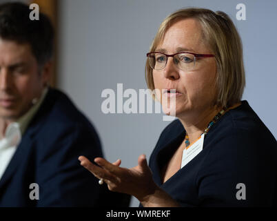 05 September 2019, Berlin: Kerstin Haarmann, Federal Chairman of the Ecological Transport Club VCD, speaks at a panel discussion on the 'Climate crisis and the mobility of the future'. Photo: Christophe Gateau/dpa Stock Photo