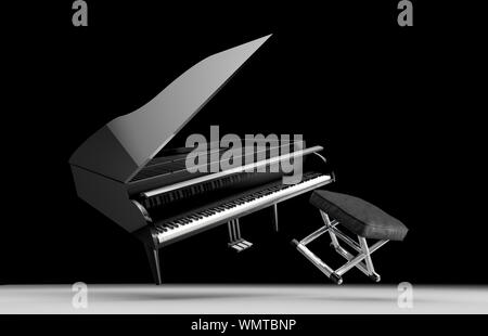 3d illustration of surreal image of piano jumping and flying. Abstract and unreal musical background