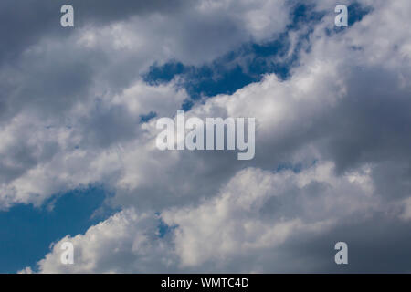 Slightly grey Cumulus clouds in a bright blue sky Stock Photo