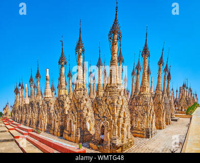 Visit the unique extant archaeological site of Kakku Pagodas - the great Buddhist landmark, located on Pa-Oh grounds in Shan state, Myanmar Stock Photo