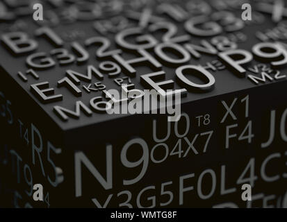 3D illustration of numbers and letters in black.Programming and data security.Secret code and password concept. Stock Photo