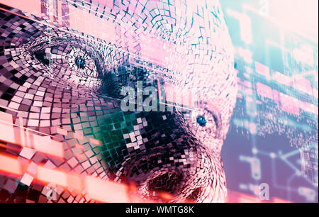 Abstract background of cyborg face and technology.Big data and learning machine.Algorithm programming and artificial intelligence concept.Biometrics. Stock Photo