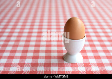 Single boiled egg in egg cup on table Stock Photo