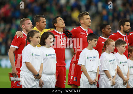 Belfast, Northern Ireland. 5th September 2019; Windsor Park, Belfast, Antrim County, Northern Ireland; International Friendly, Northern Ireland versus Luxembourg; Luxembourg players during the National Anthem - Editorial Use Only. Credit: Action Plus Sports Images/Alamy Live News Stock Photo