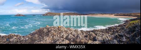 Panorama overlooking the Crantock Beach from West Pentire near Newquay Cornwall England UK Europe Stock Photo