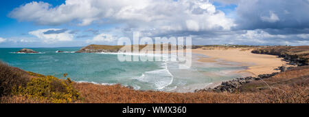 Panorama overlooking the Crantock Beach from West Pentire near Newquay Cornwall England UK Europe Stock Photo