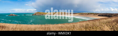 Panorama overlooking the Crantock Beach from West Pentire near Newquay Cornwall England UK Europe Stock Photo