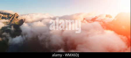 Aerial summer sky panorama  view of  norway mountains, lofoten, vacation travel concept Stock Photo