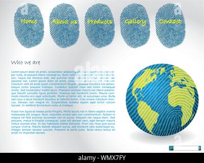 Website template with fingerprints and globe Stock Vector