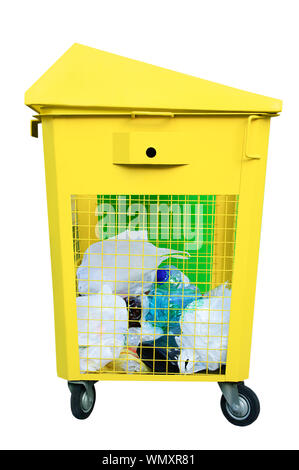 Yellow metal trash bin. Garbage waste from plastic. White isolate. Stock Photo