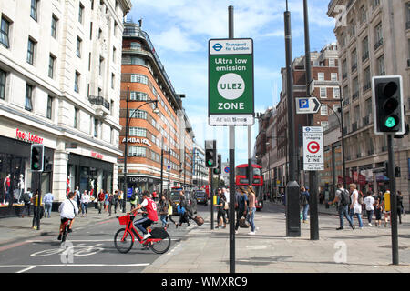 An Ultra low emission zone (ULEZ) boundary sign at the Marble Arch end of Oxford Street, London. Stock Photo