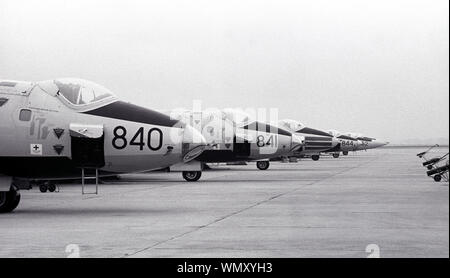 Six Royal Navy English Electric Canberra's lined out at Royal Naval Air Station Yeovilton in 1984. The two nearest aircraft are Canberra TT18's (Target Tugs) the next aircraft is a Canberra T4 Trainer and then another TT18 with two Canberra T22's which were fitted with Buccaneer noses Stock Photo