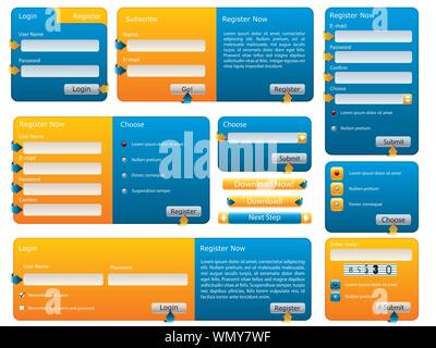 Various blue and orange website form set Stock Vector