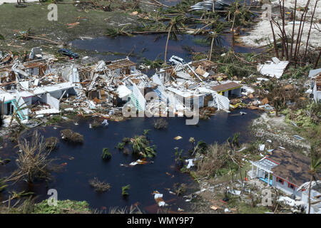 Aerial view from U.S. Coast Guard helicopter supporting search and rescue and humanitarian aid efforts in Bahamas after Hurricane Dorian. (9-4-19) Stock Photo