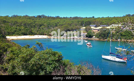 Wide view looking down on Collins Flat Beach and bay, Little Manly, Sydney Stock Photo