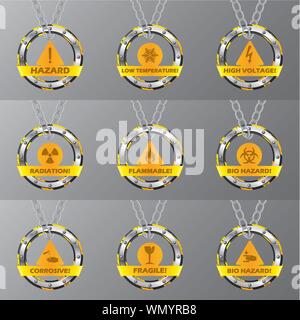Metallic caution signs hanging on chains Stock Vector