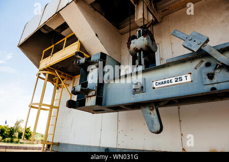 Detail of the Centrale Hydroelectrique de Gambsheim sluice mechanism with steel staircase and weight charge of 25 ton Stock Photo